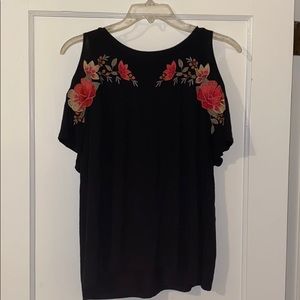 black cold shoulder tops with flower embroidery